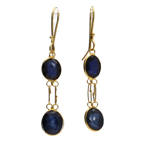 162 - Pair of 14ct yellow gold blue sapphire set earrings, hook backs, drop 25mm