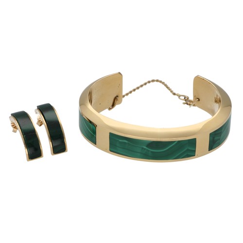 126 - Yellow metal malachite set bangle and matching earrings, the bangle with safety chain stamped '585',... 