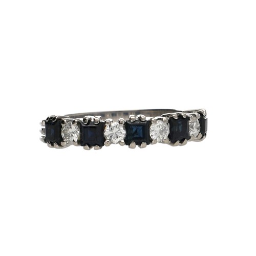 289 - 18ct white gold sapphire and diamond half eternity ring, claw set with five square sapphires and fou... 