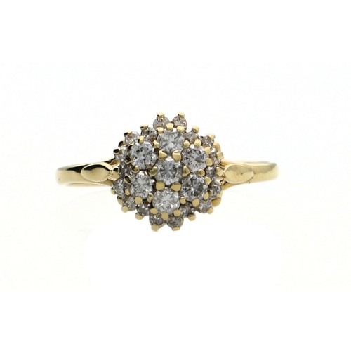 102 - 18ct yellow gold diamond cluster ring, round brilliant-cuts, 11mm diameter, 2.7gm, ring size O... 