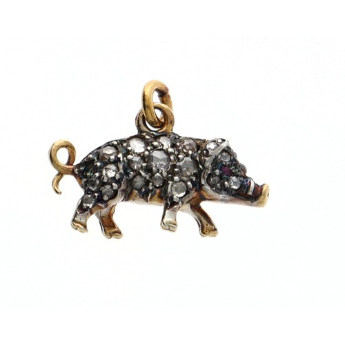 121 - Novelty rose diamond set pig pendant, 2.2gm, 18.5mm (one diamond missing) 