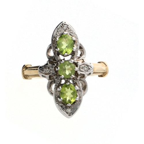 132 - Fancy 9ct white and yellow bold elongated vintage style ring, set with three peridots and round-cut ... 