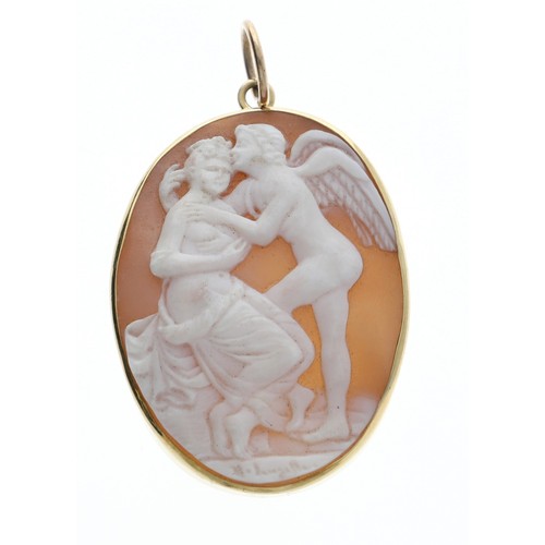 133 - 18ct yellow gold oval shell cameo pendant, with depiction of a a women and angel, 9.1gm, 51mm x 31mm... 