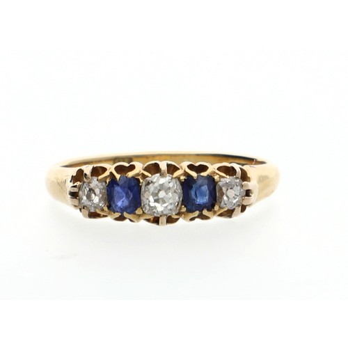 141 - Antique 18ct yellow gold sapphire and diamond claw-set five stone ring, width 6mm, 3.4gm, ring size ... 