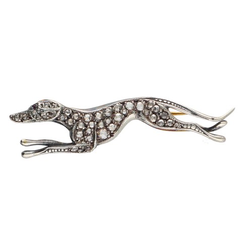 145 - Novelty rose diamond set greyhound dog brooch, set in yellow and white metal, 4.1gm, 47mm... 