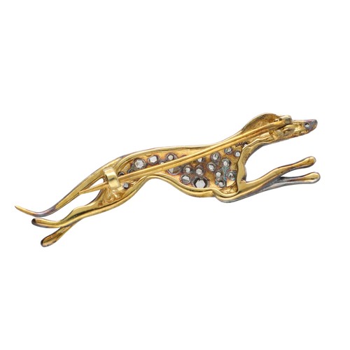 145 - Novelty rose diamond set greyhound dog brooch, set in yellow and white metal, 4.1gm, 47mm... 