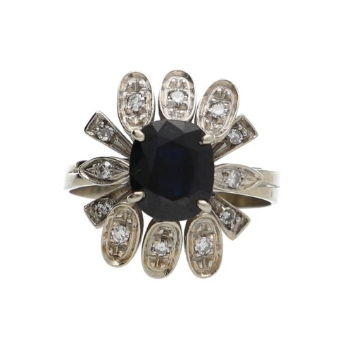 148 - White gold sapphire and diamond dress cluster ring, the sapphire 1.50ct approx, 5.6gm, width 18mm, r... 