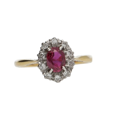 151 - Pretty 18ct yellow gold oval ruby and diamond cluster ring, the ruby 0.65ct approx, 11mm x 9mm, 2.8g... 