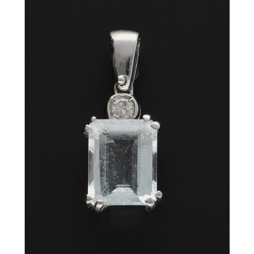 153 - Modern 18ct white gold aquamarine and diamond pendant, the aquamarine 1.80ct approx, round brilliant... 