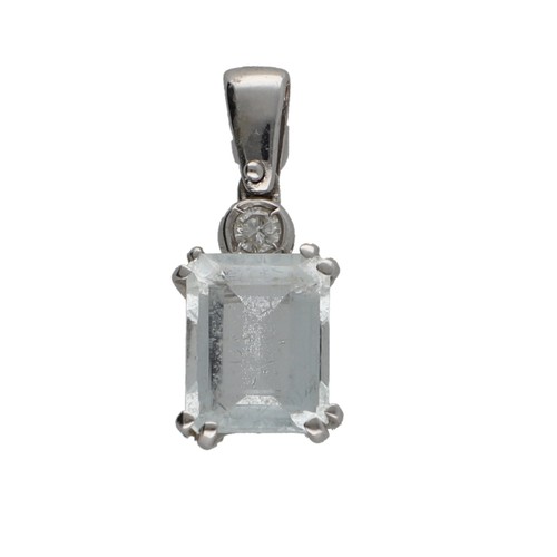 153 - Modern 18ct white gold aquamarine and diamond pendant, the aquamarine 1.80ct approx, round brilliant... 