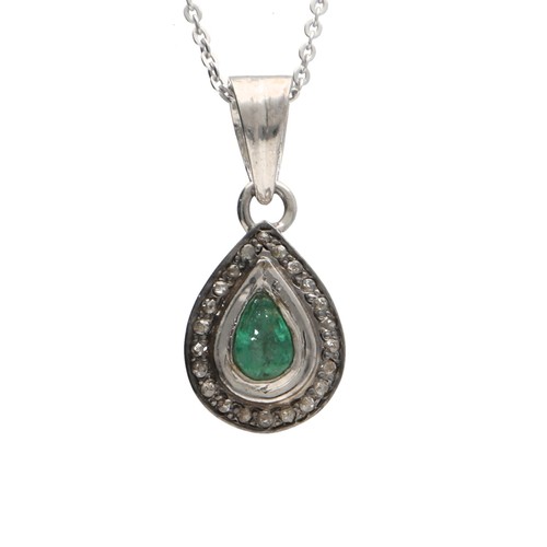 159 - Pretty pear shaped emerald and round brilliant-cut diamond halo silver pendant on a silver chain, th... 