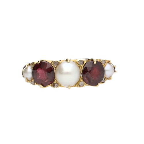 171 - Attractive 18ct yellow gold pearl, garnet and rose diamond ring in a scroll setting, width 7mm, 5.4g... 