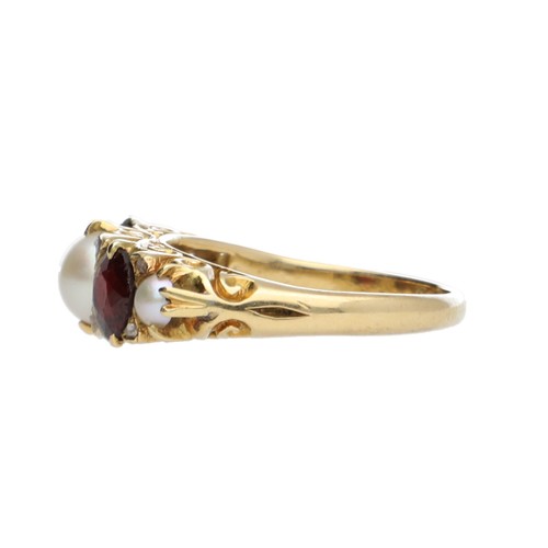 171 - Attractive 18ct yellow gold pearl, garnet and rose diamond ring in a scroll setting, width 7mm, 5.4g... 