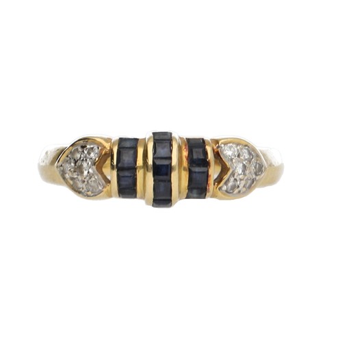 172 - Attractive 18ct yellow gold sapphire and diamond ring, with calibrated sapphires and round-cut diamo... 