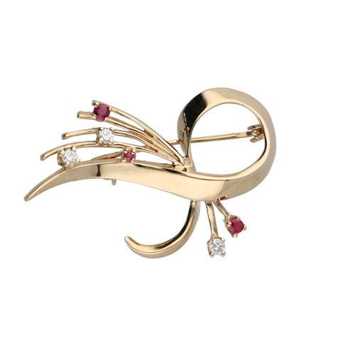 193 - Ruby and diamond yellow gold spray brooch, marked '10k', 3.9gm, 28mm x 38mm