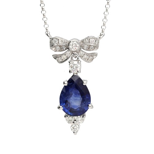 192 - Attractive modern 18ct white gold pendant and integral chain, set with pear shaped sapphire and roun... 