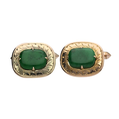 194 - Pair of 14ct yellow gold jadeite cufflinks, 8.2g, 17mm x 14mm