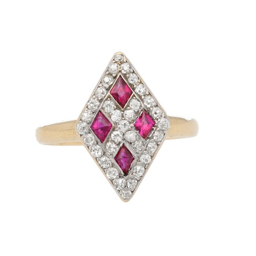 199 - Attractive Edwardian ruby and diamond lozenge cluster ring, with four lozenge rubies with round old-... 