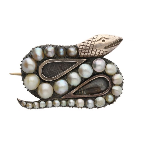 201 - Early 19th century gold snake mourning brooch, the serpent set with pearls and coiled around a glaze... 