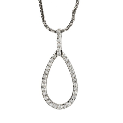 213 - Modern 18ct white gold diamond set open pear-shaped pendant on necklace, round brilliant-cuts, 4.4gm... 