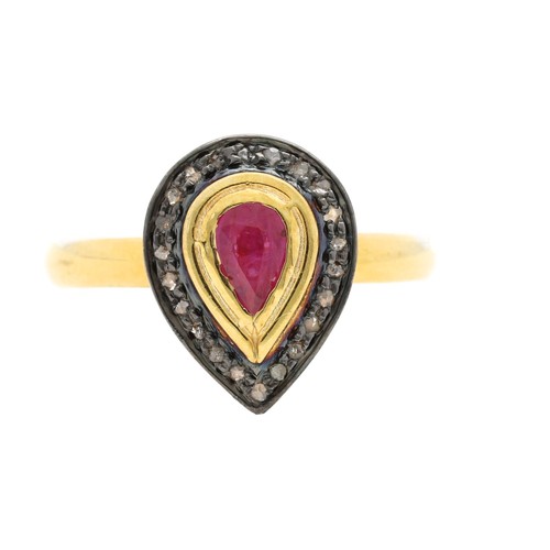 226 - Attractive handmade teardrop with a pear shaped ruby in a rub-over setting and halo of diamonds, sta... 