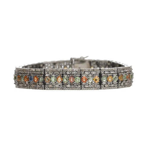 227 - Unusual fancy Art Deco style line bracelet set with multi-coloured sapphires and round-cut and bague... 