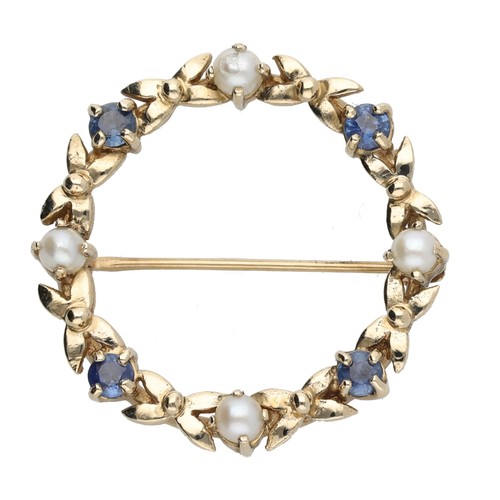 228 - Pretty 9ct sapphire and pearl circular open work brooch, 4.1gm, 27mm diameter