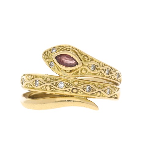 242 - Unusual 18ct yellow gold serpent design ring, the head set with a marquise ruby and round brilliant-... 