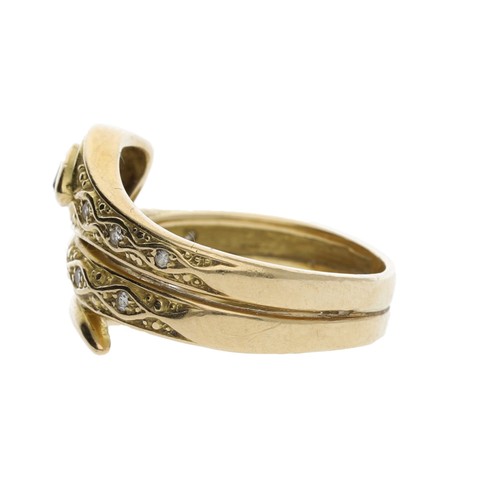 242 - Unusual 18ct yellow gold serpent design ring, the head set with a marquise ruby and round brilliant-... 