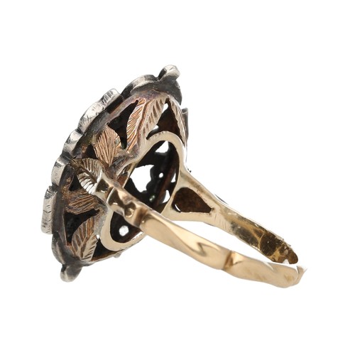 274 - Attractive antique gold and silver rough-cut diamond and green sapphire set cluster ring, with a rai... 