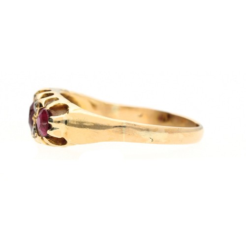 254 - Antique 18ct yellow gold claw-set ruby and diamond seven stone ring, with three rubies and four smal... 