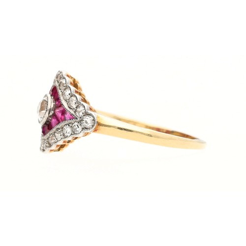 258 - Attractive Edwardian 18ct yellow gold ruby and diamond ring, the centre old-cut diamond 0.15ct appro... 