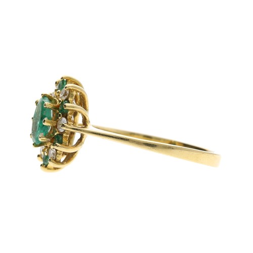 262 - 18ct yellow gold emerald and diamond cluster ring, the oval centre emerald 0.75ct approx, round bril... 