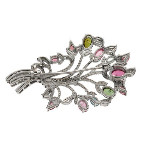 269 - Fancy 'Tree of Life' style pin bar brooch set with multi-coloured tourmalines and round-cut diamonds... 