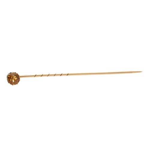 270 - Round old-cut citrine claw-set stick pin bearing Russian gold marks, the pin stamped '56' and with t... 