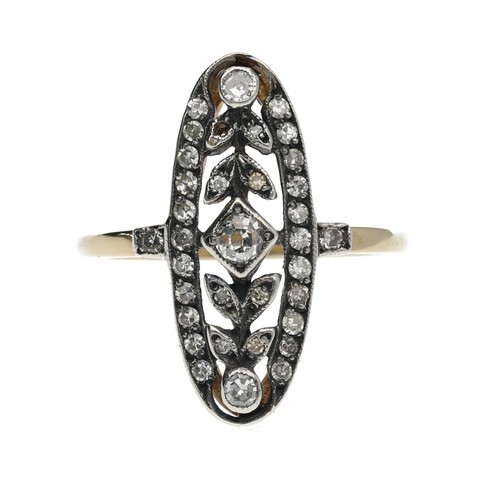 285 - Antique style gold and silver diamond set oval ring, with old and round brilliant-cuts, width 23mm, ... 