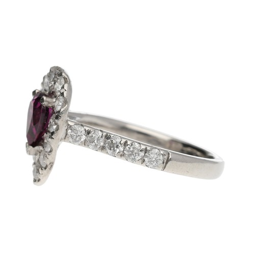 290 - Attractive platinum pear shaped garnet and diamond cluster ring with set shoulders, the garnet 0.45c... 