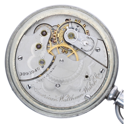 905 - American Waltham nickel cased lever pocket watch, signed movement, no. 3893949, with safety pinion, ... 