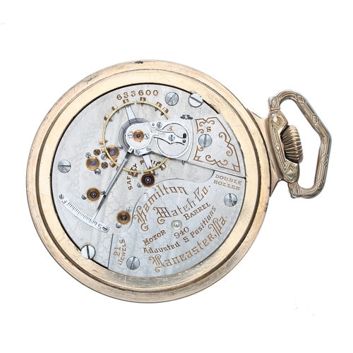 901 - Hamilton Watch Co. gold plated lever set pocket watch, circa 1907, signed 940 21 jewel adjusted 5 po... 