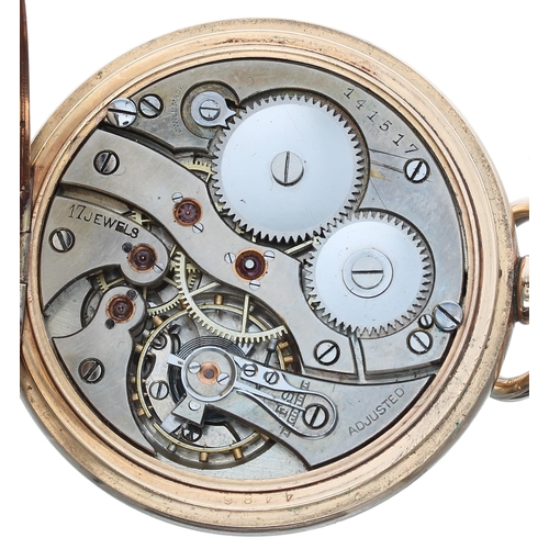 947 - Gold plated lever pocket watch, 17 jewel adjusted movement, no. 141517, Arabic dial with minute trac... 