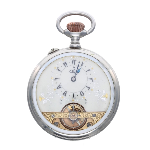 949 - Turkish Market - Swiss Hebdomas type 8 days nickel and mother of pearl cased pocket watch, decorated... 