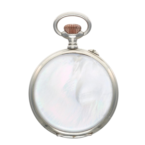 949 - Turkish Market - Swiss Hebdomas type 8 days nickel and mother of pearl cased pocket watch, decorated... 