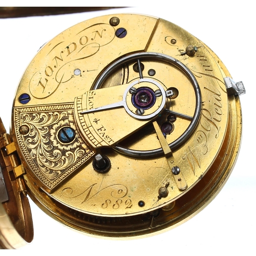 1015 - W’m Reid Junior, London - English gilt metal cylinder pocket watch, signed fusee movement, no. 882, ... 