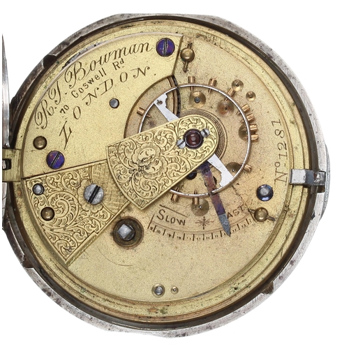 1021 - R.J. Bowman, London - Victorian silver fusee lever hunter pocket watch, London 1881, the movement si... 