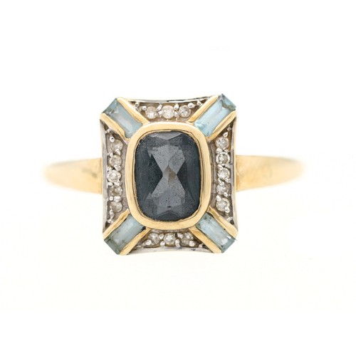 186 - Art Deco style yellow gold blue tourmaline(indicolite) and diamond dress cluster ring, the tourmalin... 