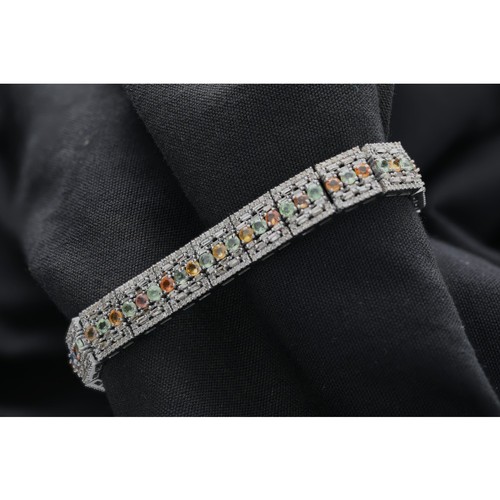 227 - Unusual fancy Art Deco style line bracelet set with multi-coloured sapphires and round-cut and bague... 