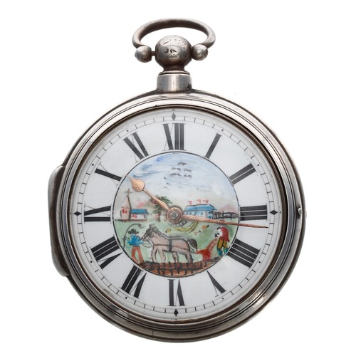 946 - English George IV silver pair cased verge pocket watch, London 1826, unsigned fusee movement, no. 72... 