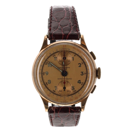 351 - Chronographe Suisse 'flyback' 18ct rose gold gentleman's wristwatch, circular bronze dial with lumin... 