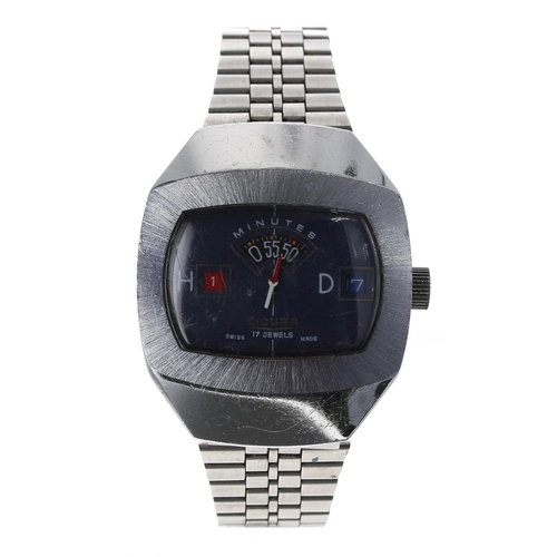 348 - Sicura Digital 'Jump Hour' nickel and stainless steel gentleman's wristwatch, rectangular blue dial ... 