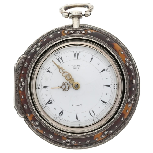 Ralph Gout, London - early 19th century silver and tortoiseshell triple cased verge pocket watch made for the Turkish Market, London 1837, Turkish signed fusee movement, no. 31012, with flat steel balance, fine pierced and engraved balance cock, silvered regulating dial and fancy pillars, signed enamel dial with Turkish numerals, outer minute chapter and fancy gilt hands, bullseye glass, matching inner cases, the outer tortoiseshell case with pinwork decoration, 61mm